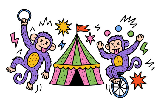 Colorful circus tent with playful monkey performers