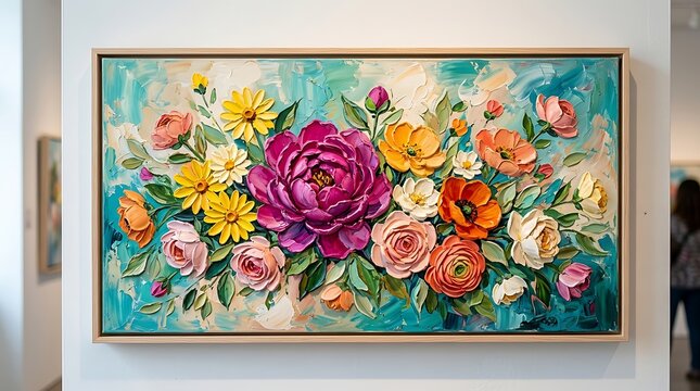 A beautiful impasto style oil painting of a vibrant floral bouquet hanging on a gallery wall
