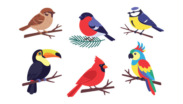 Colorful cartoon birds vector set with sparrow bullfinch tit toucan cardinal and parrot perched on tree branches