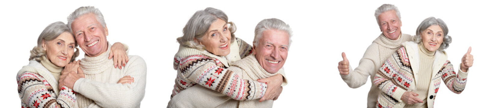 Happy senior couple in winter sweaters smiling and hugging on white background