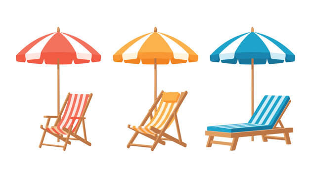 Summer beach umbrellas and lounge deck chairs vector set isolated on white background for tropical vacation design