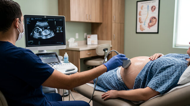 Pregnant woman receiving prenatal ultrasound examination from male healthcare professional in modern medical clinic, viewing fetal sonogram on monitor during routine maternity checkup, pregnancy care