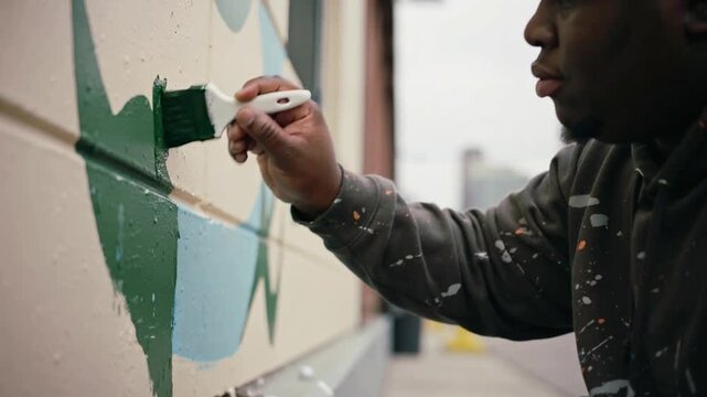 Loading palette, artist filling green shape on low wall finishing mural in painty hoodie