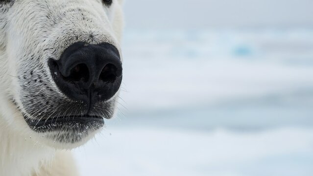 Close up of a polar bear nose and mouth with white fur against a blurred arctic ice background, in nature