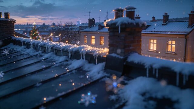 Snow causing camera panning right, revealing metal roof, icicles, right chimney and lit tree