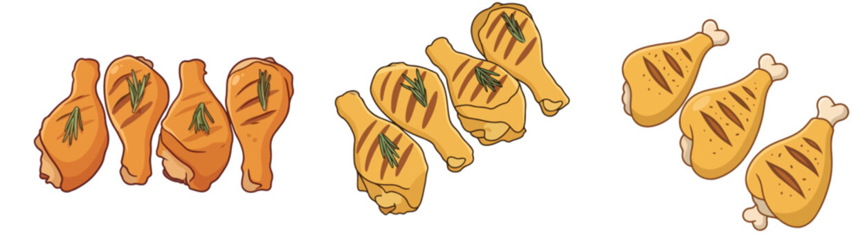 Crispy Roasted Grilled Chicken Drumsticks Set Baked BBQ Chicken Legs Collection Fast Food Vector Illustration Isolated on White Background