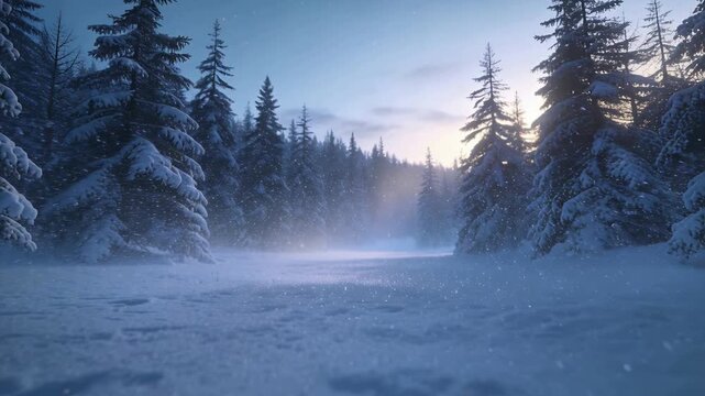 Tracking snowy clearing as camera pushing forward revealing treeline mist at dawn with falling snow