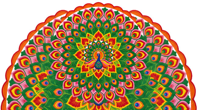 Colorful peacock feather mandala pattern isolated on a transparent background