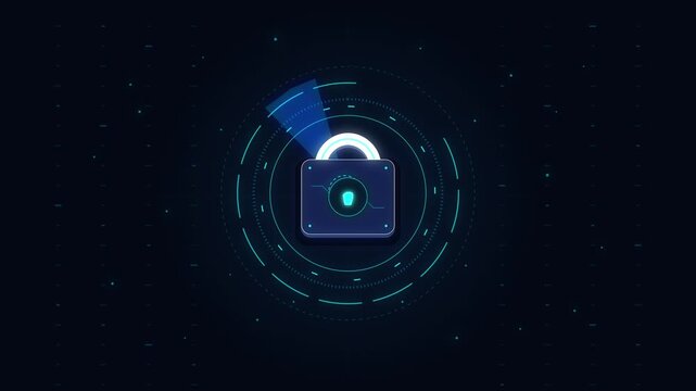 Digital lock icon with glowing ring and data stream, cybersecurity and data protection motion graphic