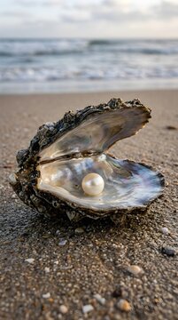 An opened oyster shell lies on the beach sand displaying a beautiful lustrous pearl with several smaller pearls nestled within its interior
