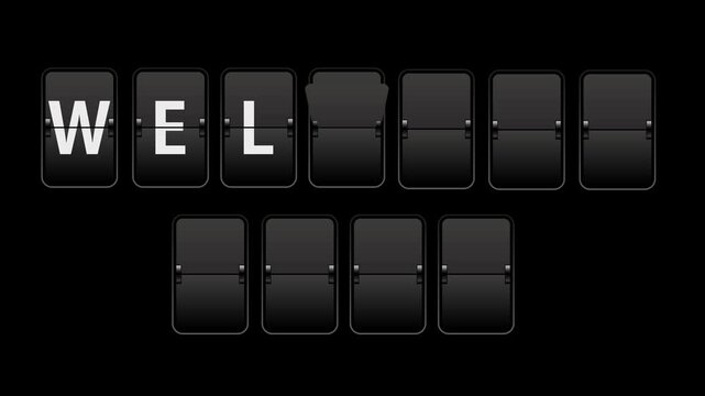 Flip text animation of a board showing the word welcome 2027 with transparent background video & looping alpha channel.