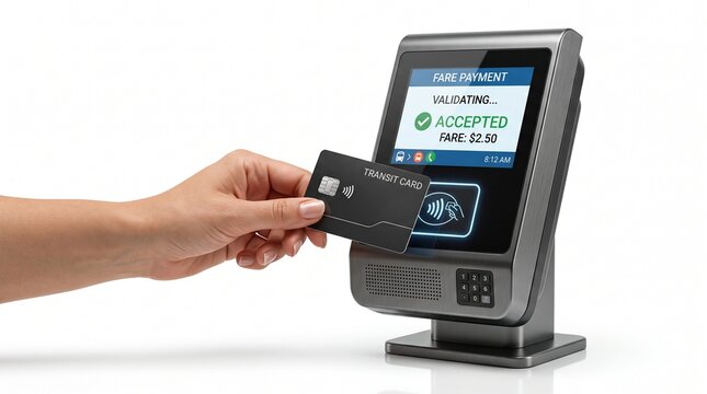 Contactless fare payment with transit card, hand tapping credit card on validator terminal, electronic ticketing system for public transport