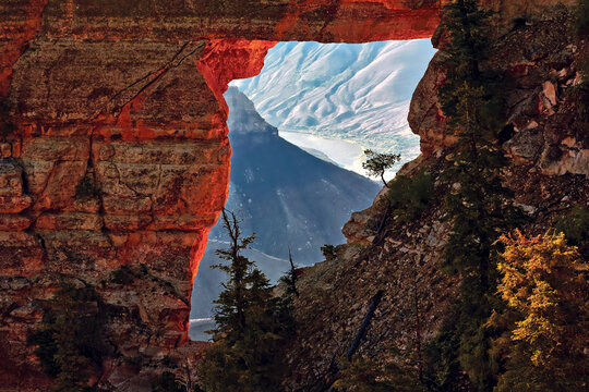 View of the Colorado River through Angels Window at the Cape Royal Overlook, North Rim of the Grand Canyon, Arizona, USA