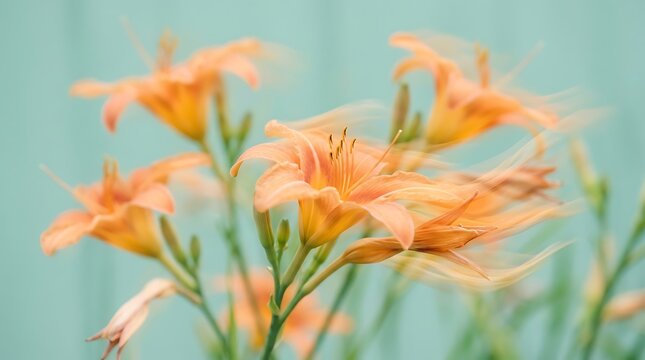 Beautiful vibrant orange daylily flowers blooming against a soft light teal wooden background in a garden