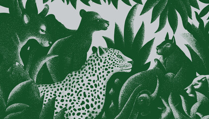 Obraz premium Hand-drawn jungle illustration featuring a spotted jaguar surrounded by dense tropical foliage, rendered with bold halftone textures for textile, wallpaper, and packaging design.