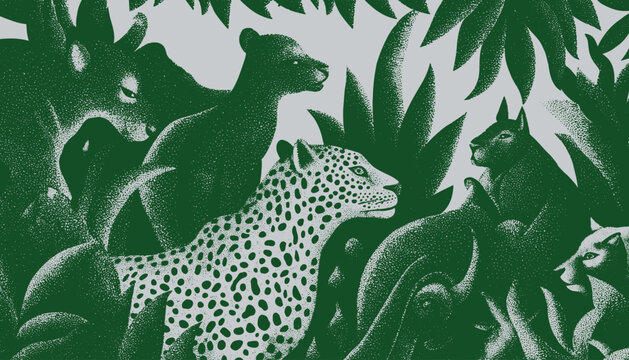 Hand-drawn jungle illustration featuring a spotted jaguar surrounded by dense tropical foliage, rendered with bold halftone textures for textile, wallpaper, and packaging design.