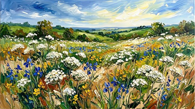 Impressionist oil painting of a vibrant summer wildflower meadow with rolling green hills and a dramatic sunset sky