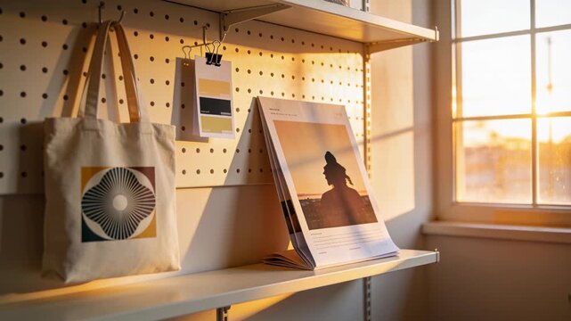Shifting sunlight bathing canvas tote bag on pegboard, highlighting swatches and magazine