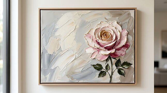 Modern textured oil painting of a single pink rose hanging on a light colored interior wall