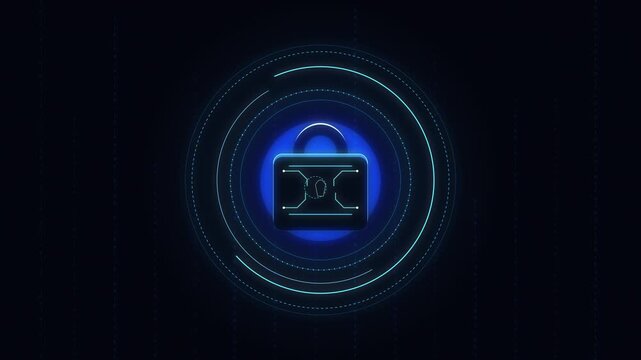Digital lock icon with glowing blue data streams and particles, futuristic cybersecurity concept
