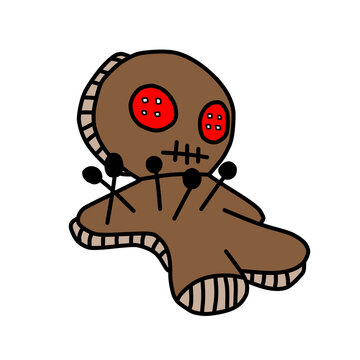 Voodoo doll with red button eyes cartoon art