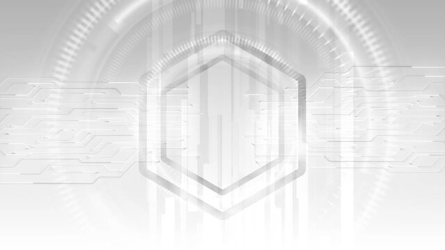 Sleek technology interface central hexagon, circuit radial elements. enterprise software, machine learning, digital transformation, network infrastructure, fintech, data centers, corporate explainers.