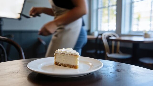 Plating woman in apron lifting plate toward cheesecake slice, placing with spatula for cafe serving