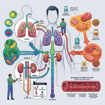 Infographic illustration explaining human body pH balance, acid-base regulation, kidneys, lungs, and buffering systems