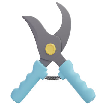 A 3D render icon of garden pruning shears with light blue handles and a yellow pivot, perfect for illustrating essential gardening tasks like trimming and cutting in a greenhouse or garden setting.