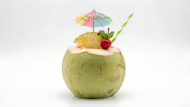 Fresh green coconut cocktail with a pineapple slice, red cherry, paper umbrella, and straw on white background