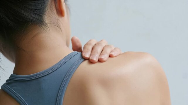 Massaging Asian woman sensing shoulder tension, kneading right upper back in studio, grey racerback