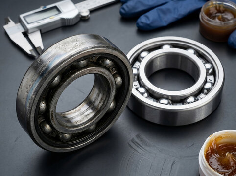 Comparison of a worn, dirty industrial ball bearing and a new, clean replacement bearing with measuring tools and grease on a dark workshop table