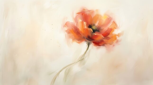 Soft artistic oil painting illustration of a single beautiful orange poppy flower on a light textured background