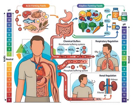 Acid and alkaline foods infographic explaining the body pH balance, digestion, chemical buffers, respiratory, and renal regulation mechanisms