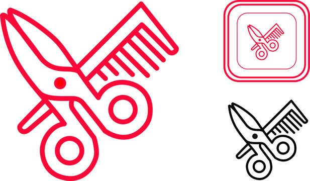 Red and Black Scissors and Comb Barber Icons Haircut Tools