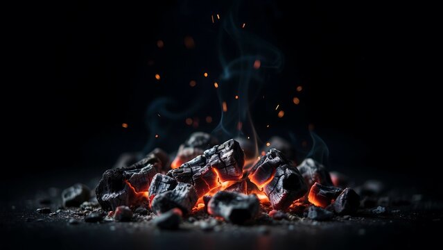 Glowing hot charcoal embers burning with smoke and orange sparks rising against a dark black background, in the night