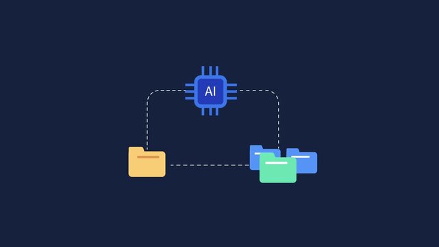Motion graphic of AI chip organizing files into multiple folders on dark blue background, showing smart directory management.
