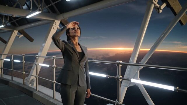 Shielding eyes from horizon glow Indian exec in grey suit lifting scanning railing on viewing deck