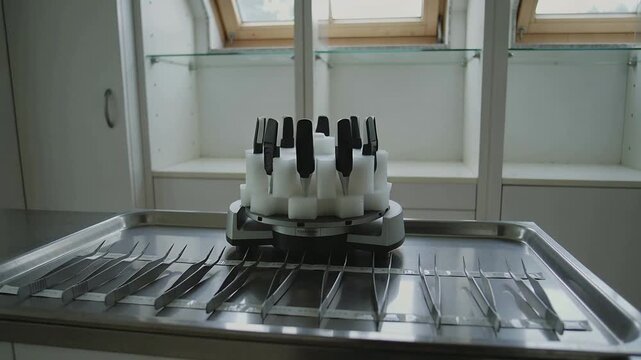 Motor activating holder rotating on counter in sterile area showing forceps and black clamp tops