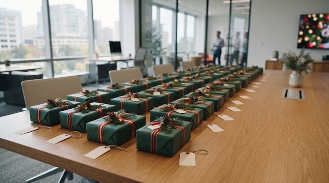 Professional corporate gifts arranged for client appreciation event in modern office meeting room with branded packaging