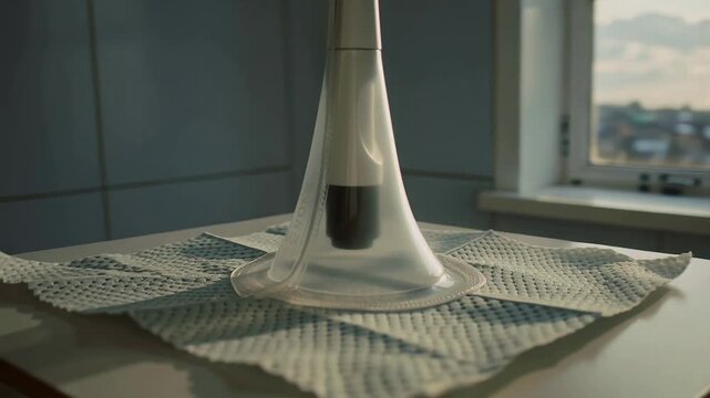 Pulling back camera revealing bell with dark core on towel at table near window, showing skyline