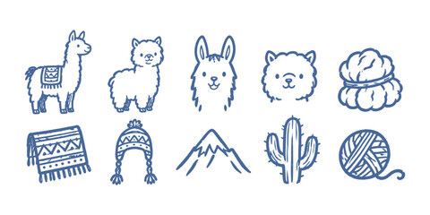 Fototapeta premium Cute llama alpaca and andean accessories doodle set Vector Illustration 