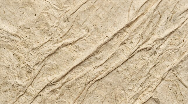 Closeup of textured handmade paper with diagonal creases and organic fibers, featuring a rustic and natural beige surface