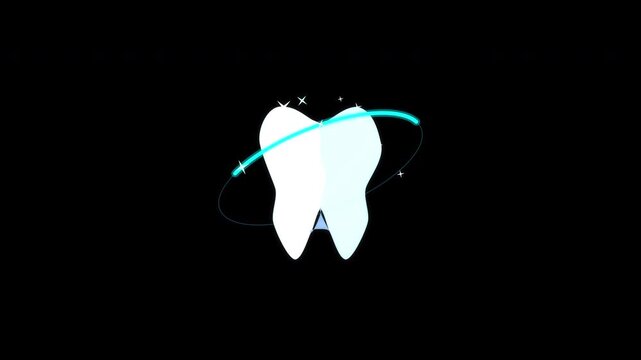 Animation of a glowing tooth with a blue aura and orbiting particles, representing dental health and hygiene