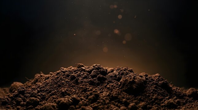 Pile of dark fertile soil against a dark background with floating dust particles, agricultural concept, close up