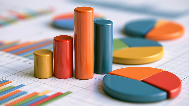 Colorful 3D business charts and pie graphs on financial reports background for corporate analytics success, profit growth representation, modern data visualization, office workplace setup, strategic p