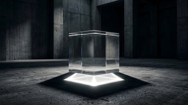Transparent glass cube standing in a dark concrete room with a glowing geometric light projection on the floor