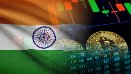 India's digital asset business growth and cryptocurrency market economic infrastructure investment, featuring a shiny golden Bitcoin coin over glowing candlestick charts, a superimposed Indian  © le