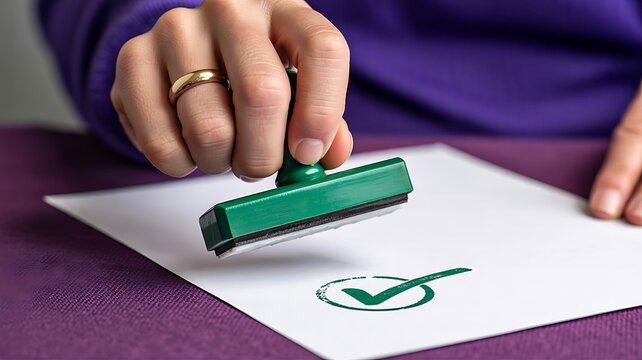 Hand stamping green approval check mark on business document
