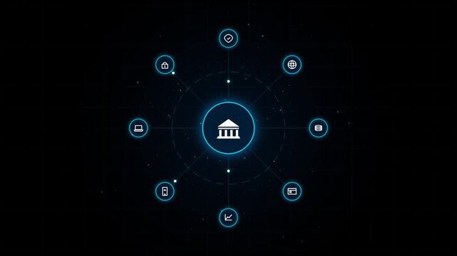 Digital financial ecosystem interface with glowing central data hub